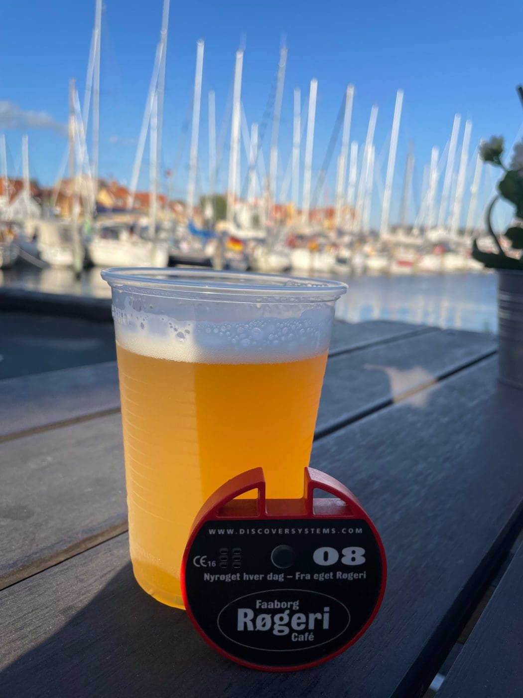 Bild eines Pagers, der auf einer Bank auf einem gezapften Bier lehnt, mit einem Ausblick auf den Hafen von Faaborg im Hintergrund