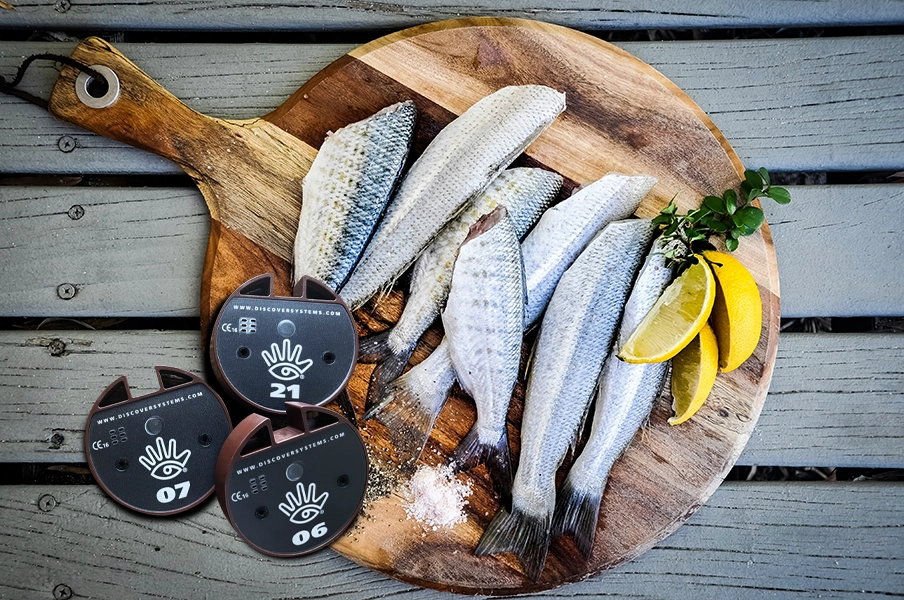 Ein Brett mit Räuchersill, Zitrone, und darauf liegen drei Pager von Discover Systems